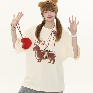 American Vintage Hot Dog Print Short Sleeve T-Shirt for Women - Summer Loose Casual Round Neck Tee - Y2K Style