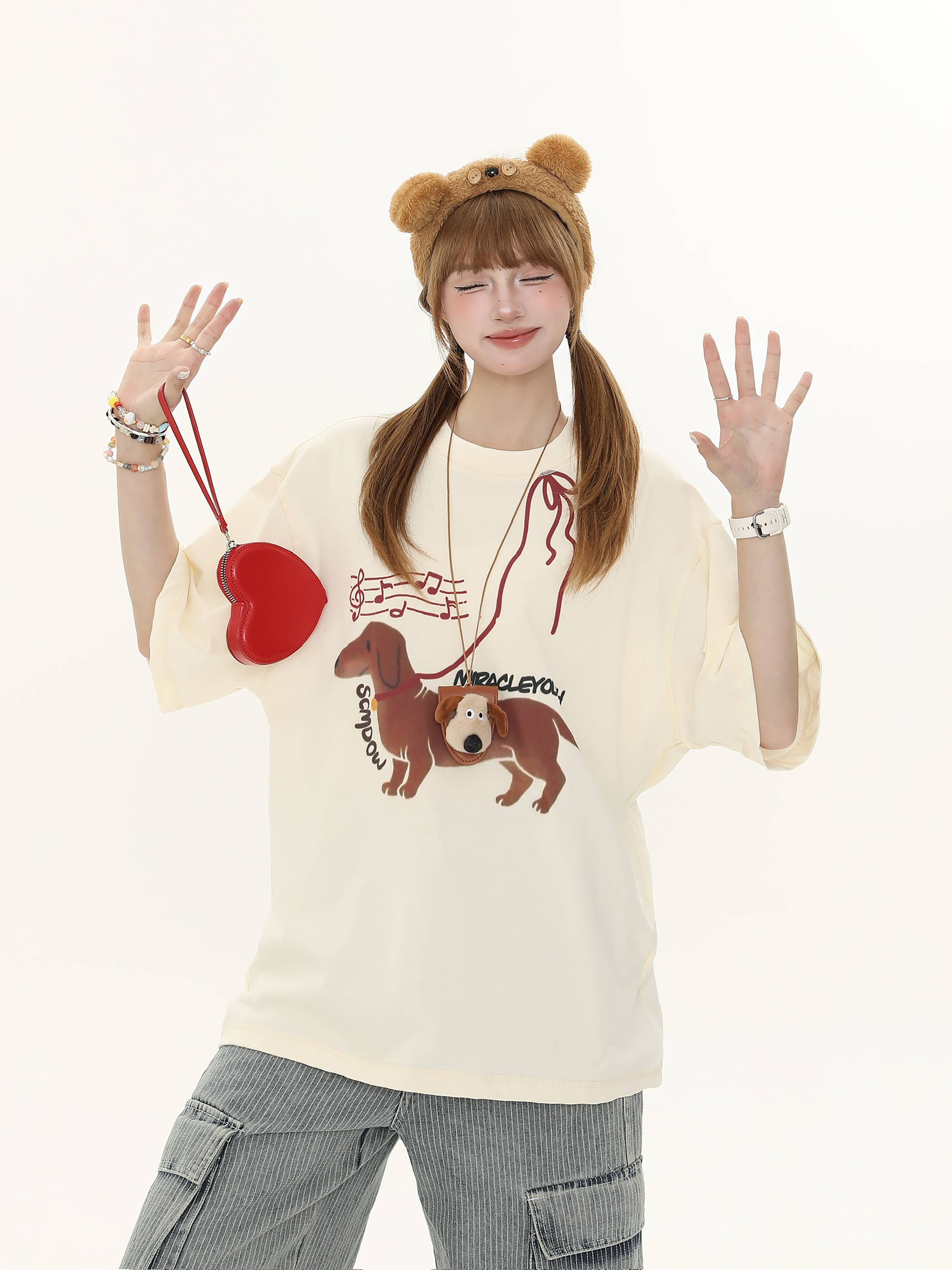 American Vintage Hot Dog Print Short Sleeve T-Shirt for Women - Summer Loose Casual Round Neck Tee - Y2K Style