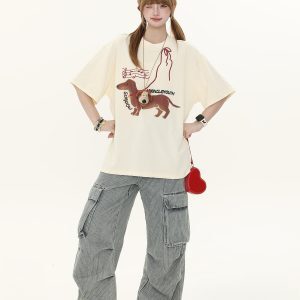 American Vintage Hot Dog Print Short Sleeve T-Shirt for Women - Summer Loose Casual Round Neck Tee - Y2K Style