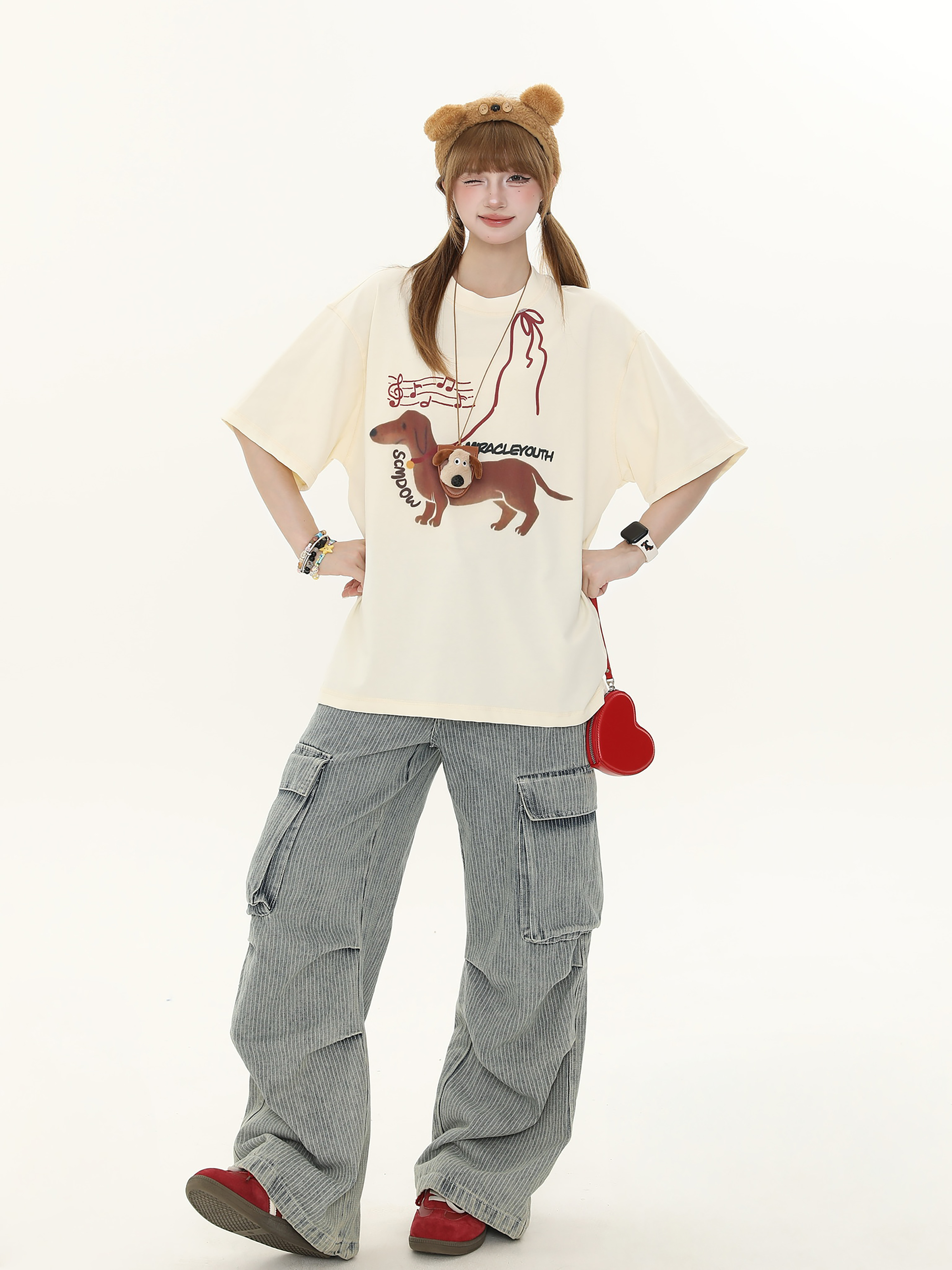 American Vintage Hot Dog Print Short Sleeve T-Shirt for Women - Summer Loose Casual Round Neck Tee - Y2K Style