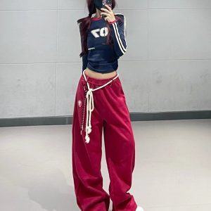 American Vintage Hot Girl Street Dance Casual Sweatpants for Women - Long Red Sports Pants for Autumn Winter 2024