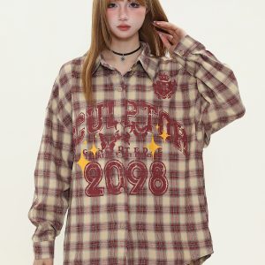 American Vintage Khaki Red Long Sleeve Plaid Shirt for Women - Trendy Loose Fit Spring Jacket