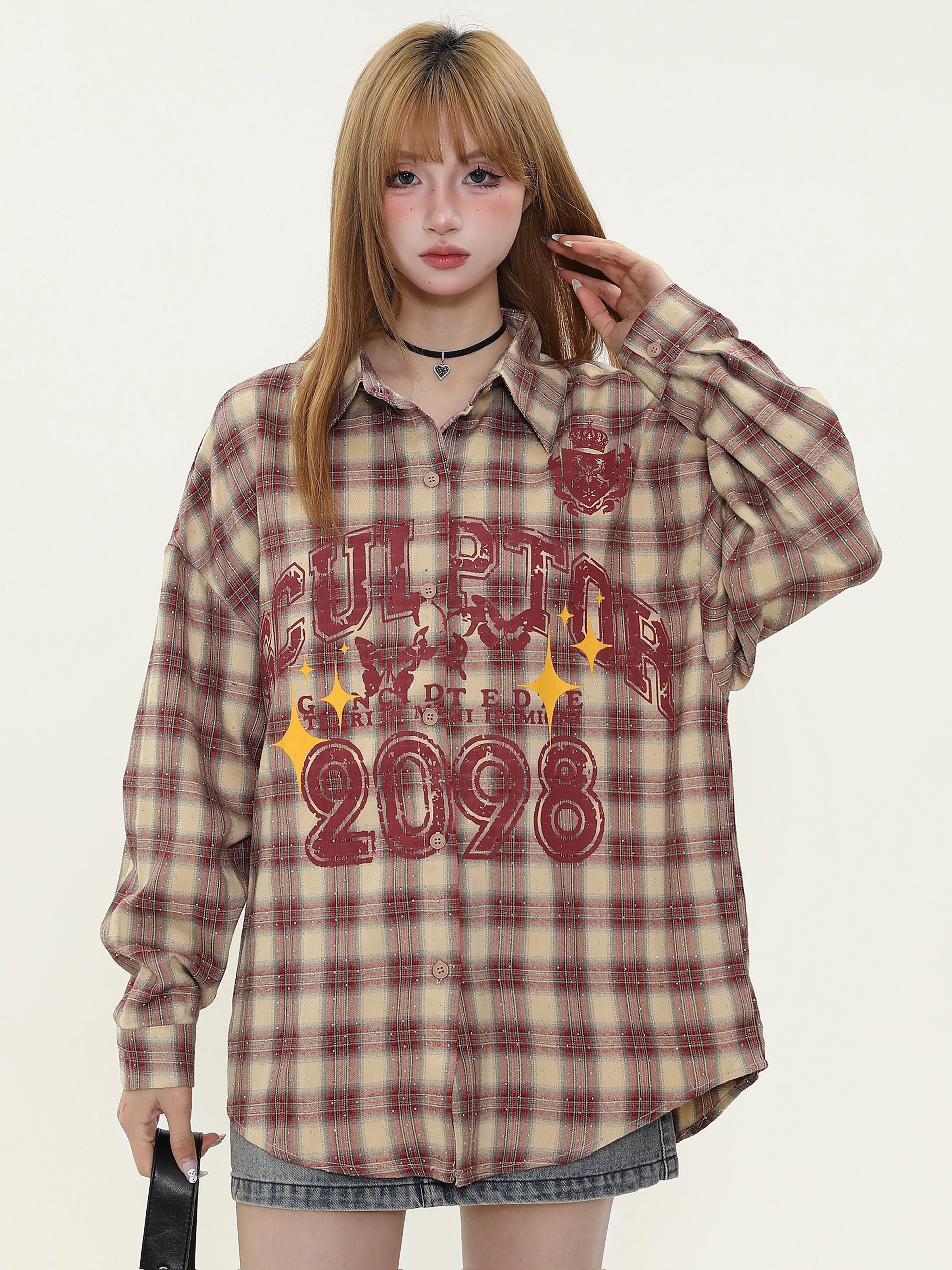 American Vintage Khaki Red Long Sleeve Plaid Shirt for Women - Trendy Loose Fit Spring Jacket