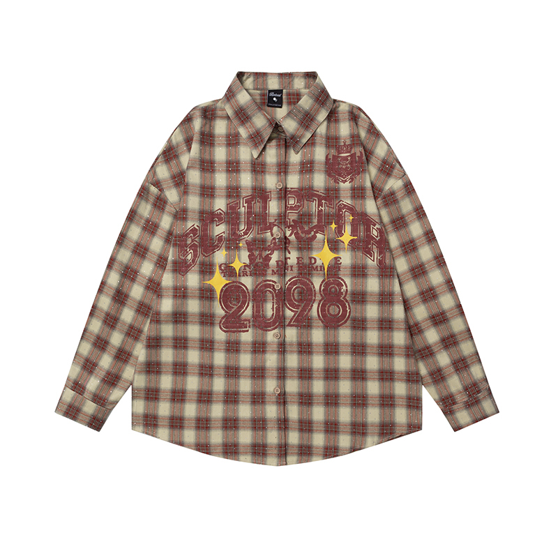 American Vintage Khaki Red Long Sleeve Plaid Shirt for Women - Trendy Loose Fit Spring Jacket