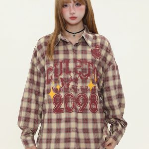 American Vintage Khaki Red Long Sleeve Plaid Shirt for Women - Trendy Loose Fit Spring Jacket