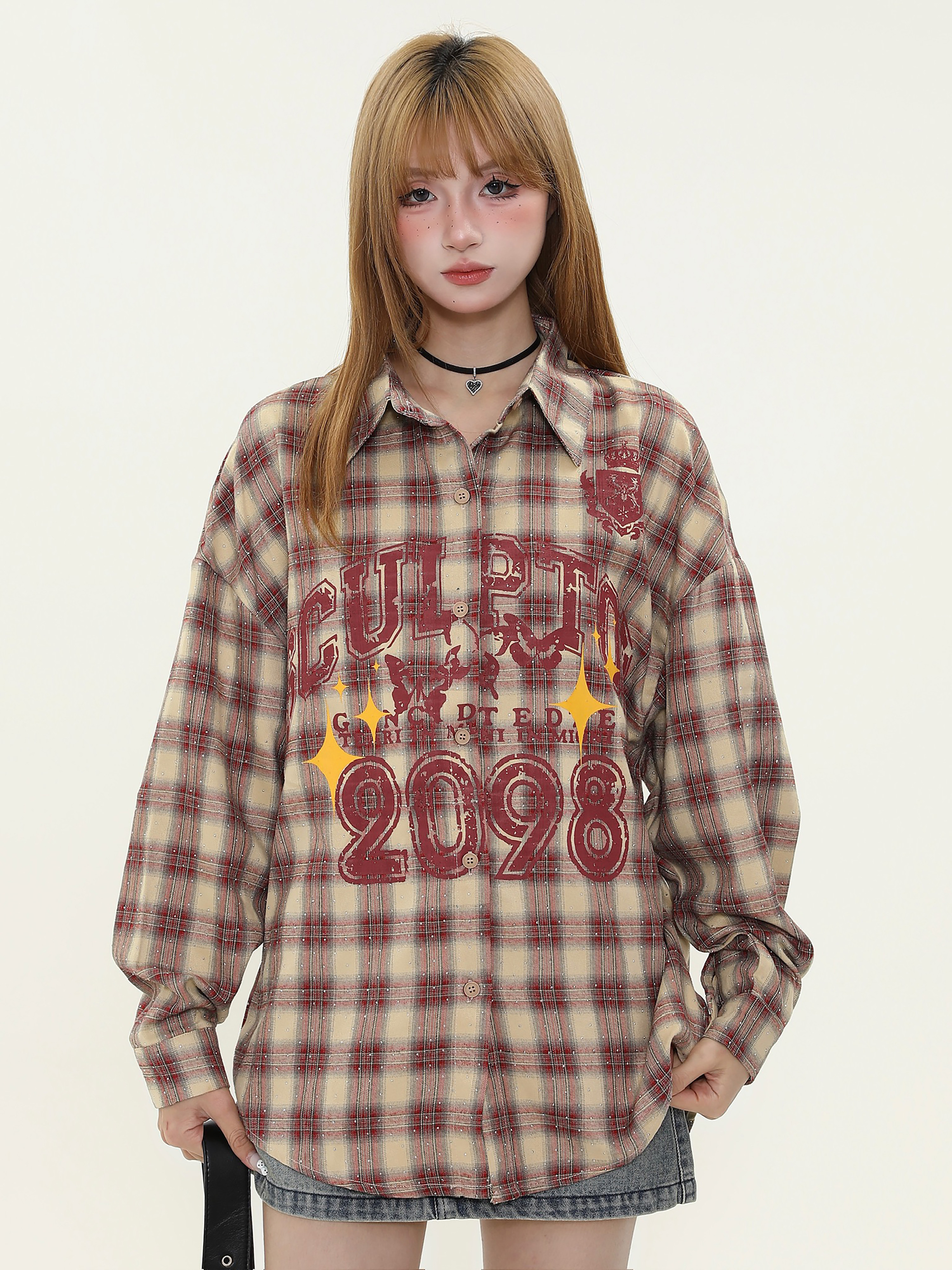 American Vintage Khaki Red Long Sleeve Plaid Shirt for Women - Trendy Loose Fit Spring Jacket