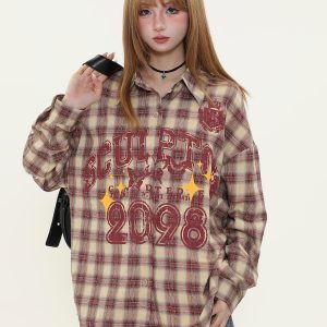 American Vintage Khaki Red Long Sleeve Plaid Shirt for Women - Trendy Loose Fit Spring Jacket