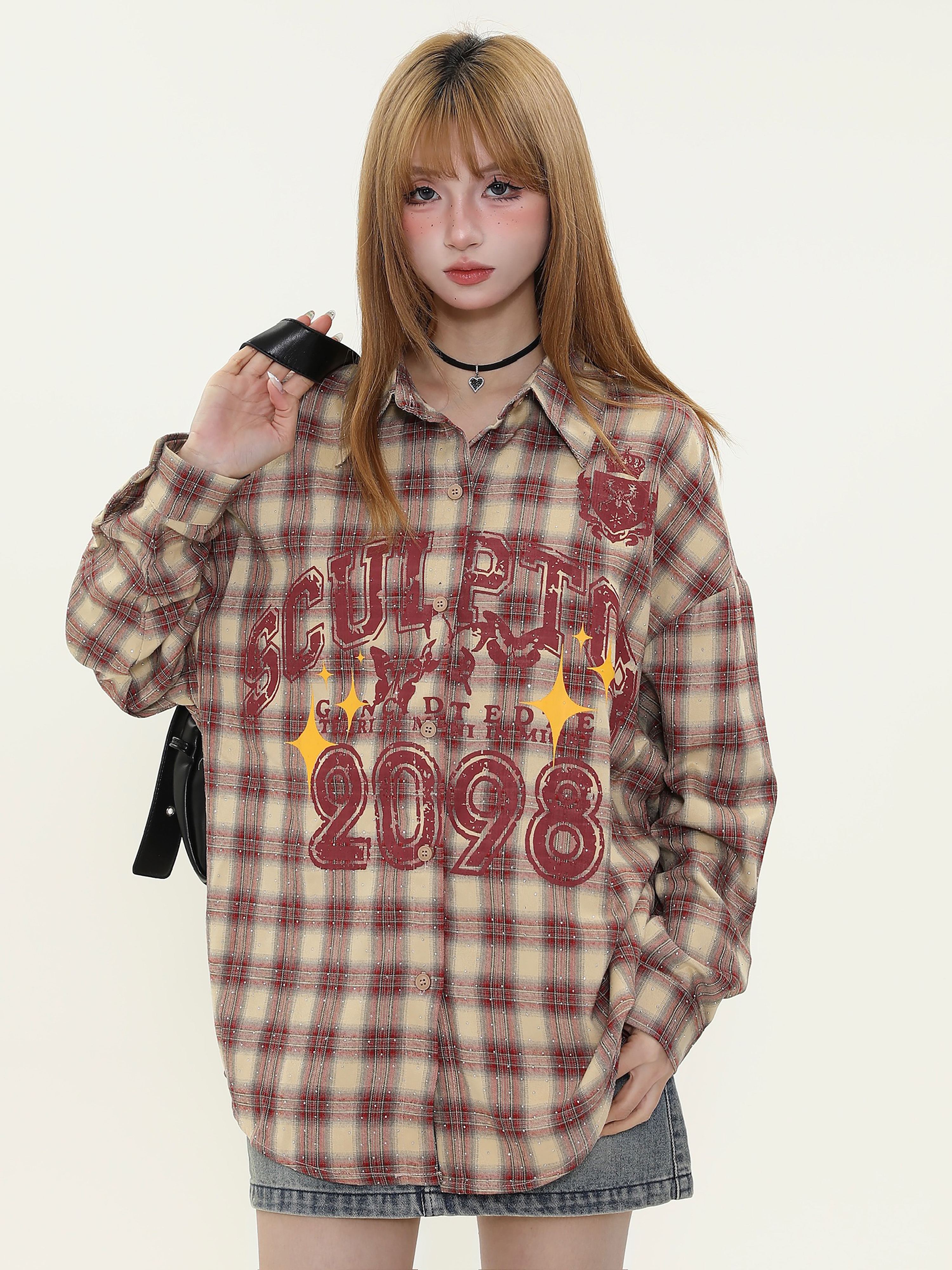 American Vintage Khaki Red Long Sleeve Plaid Shirt for Women - Trendy Loose Fit Spring Jacket