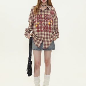 American Vintage Khaki Red Long Sleeve Plaid Shirt for Women - Trendy Loose Fit Spring Jacket