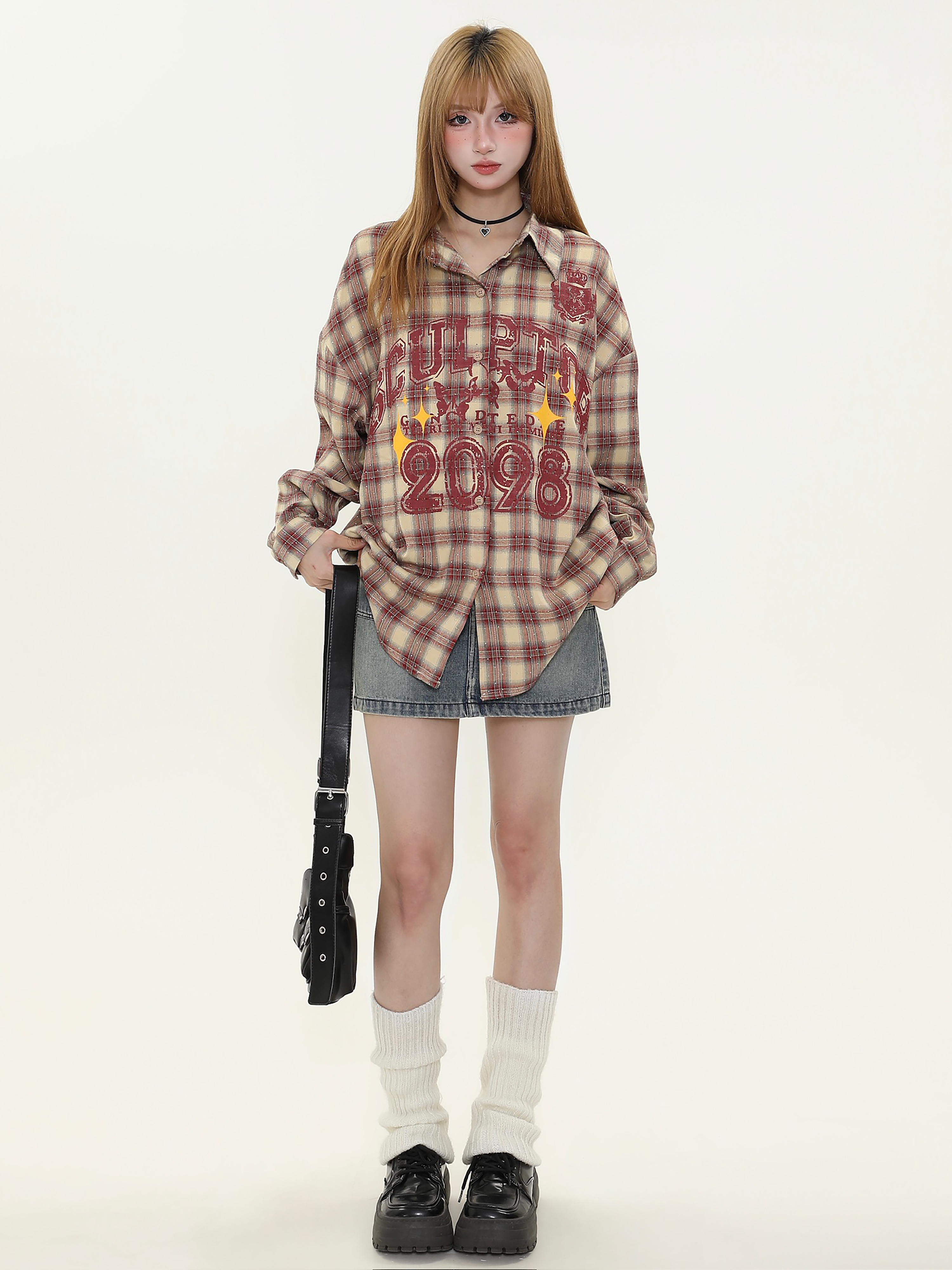 American Vintage Khaki Red Long Sleeve Plaid Shirt for Women - Trendy Loose Fit Spring Jacket