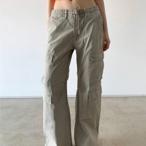 American Vintage Lace-Up Low-Waist Straight-Leg Jeans for Women - Casual Versatile Pocket Pants, Y2K Street Style Fashion