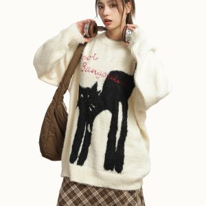 American Vintage Lazy Cat Print Round Neck Sweater for Women - Autumn Winter Thick Loose Knit Jacket, Cozy Casual Style