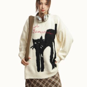 American Vintage Lazy Cat Print Round Neck Sweater for Women - Autumn Winter Thick Loose Knit Jacket, Cozy Casual Style