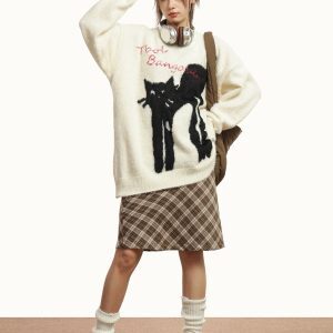 American Vintage Lazy Cat Print Round Neck Sweater for Women - Autumn Winter Thick Loose Knit Jacket, Cozy Casual Style