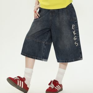American Vintage Letter Embroidered Denim Shorts for Women - Loose Casual Capri Pants, Summer Versatile Style