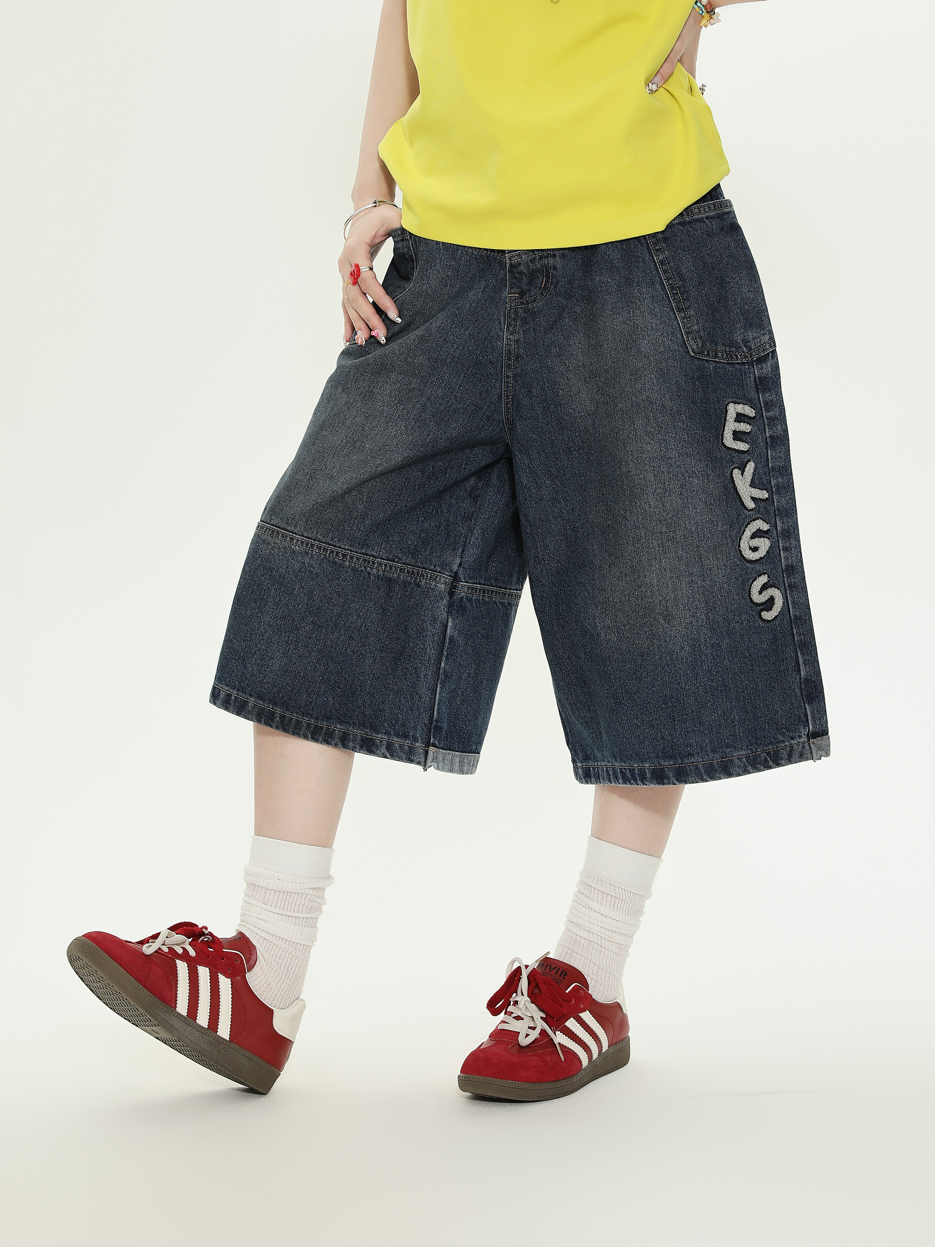 American Vintage Letter Embroidered Denim Shorts for Women - Loose Casual Capri Pants, Summer Versatile Style