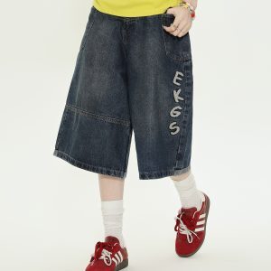 American Vintage Letter Embroidered Denim Shorts for Women - Loose Casual Capri Pants, Summer Versatile Style