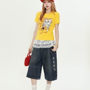 American Vintage Letter Embroidered Denim Shorts for Women - Loose Casual Capri Pants, Summer Versatile Style