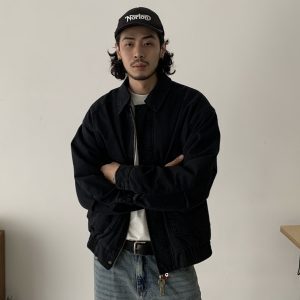 American Vintage Loose Wash Cotton Work Jacket - Unisex Trendy Casual Lapel Coat for 90s Inspired Style