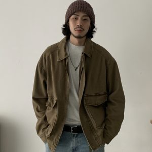 American Vintage Loose Wash Cotton Work Jacket - Unisex Trendy Casual Lapel Coat for 90s Inspired Style