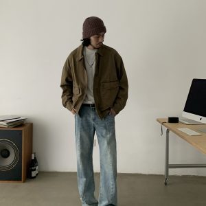 American Vintage Loose Wash Cotton Work Jacket - Unisex Trendy Casual Lapel Coat for 90s Inspired Style