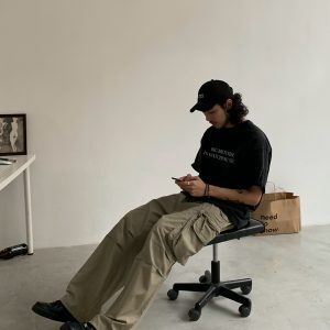 American Vintage Loose Work Pants for Men - Straight Leg Japanese Casual Cargo Pants in City Boy Style