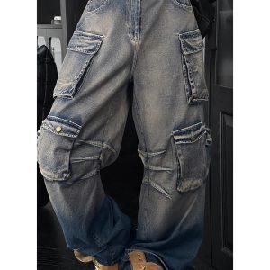 American Vintage Multi-Pocket Denim Loose Wide-Leg Trousers for Men - Trendy Spring Workwear Inspired by 90s Style