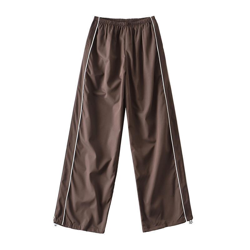 American Vintage Patchwork Mesh Short Top with Casual Brown Quick-Dry Wide-Leg Dance Pants - Y2K Inspired Sportswear Set