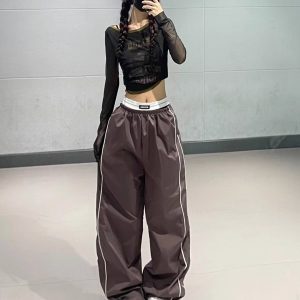 American Vintage Patchwork Mesh Short Top with Casual Brown Quick-Dry Wide-Leg Dance Pants - Y2K Inspired Sportswear Set