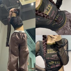American Vintage Patchwork Mesh Short Top with Casual Brown Quick-Dry Wide-Leg Dance Pants - Y2K Inspired Sportswear Set