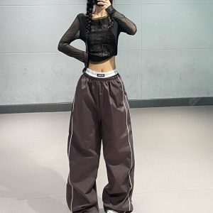 American Vintage Patchwork Mesh Short Top with Casual Brown Quick-Dry Wide-Leg Dance Pants - Y2K Inspired Sportswear Set