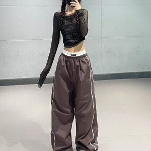 American Vintage Patchwork Mesh Short Top with Casual Brown Quick-Dry Wide-Leg Dance Pants - Y2K Inspired Sportswear Set