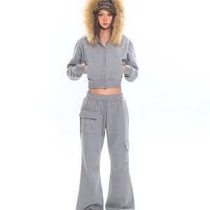 American Vintage Rhinestone Big Fur Collar Short Sweatshirt and Micro-Flare Pants Set for Women - Autumn Winter Casual Fashion