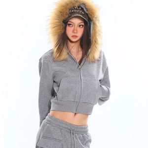 American Vintage Rhinestone Big Fur Collar Short Sweatshirt and Micro-Flare Pants Set for Women - Autumn Winter Casual Fashion