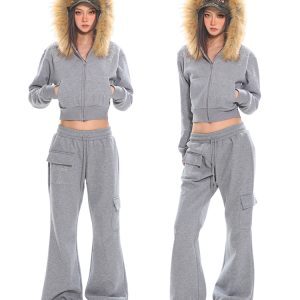 American Vintage Rhinestone Big Fur Collar Short Sweatshirt and Micro-Flare Pants Set for Women - Autumn Winter Casual Fashion
