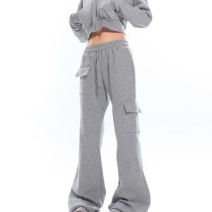 American Vintage Rhinestone Big Fur Collar Short Sweatshirt and Micro-Flare Pants Set for Women - Autumn Winter Casual Fashion