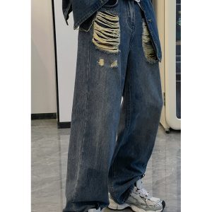 American Vintage Ripped Jeans for Women, Trendy High Street Wide-Leg Pants, Straight Loose Fit, Niche Design