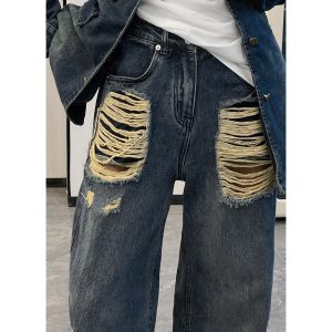 American Vintage Ripped Jeans for Women, Trendy High Street Wide-Leg Pants, Straight Loose Fit, Niche Design