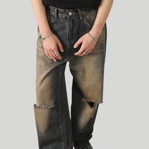 American Vintage Ripped Straight Leg Jeans for Men and Women, Loose Wide Leg Fit, 90s Inspired, Casual Denim Pants