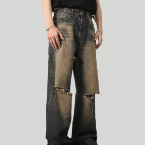 American Vintage Ripped Straight Leg Jeans for Men and Women, Loose Wide Leg Fit, 90s Inspired, Casual Denim Pants