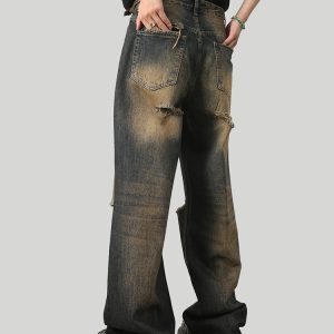American Vintage Ripped Straight Leg Jeans for Men and Women, Loose Wide Leg Fit, 90s Inspired, Casual Denim Pants