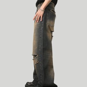 American Vintage Ripped Straight Leg Jeans for Men and Women, Loose Wide Leg Fit, 90s Inspired, Casual Denim Pants