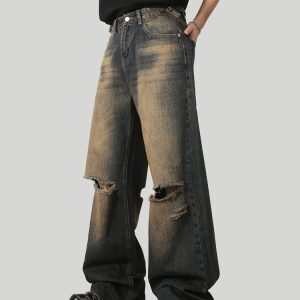 American Vintage Ripped Straight Leg Jeans for Men and Women, Loose Wide Leg Fit, 90s Inspired, Casual Denim Pants