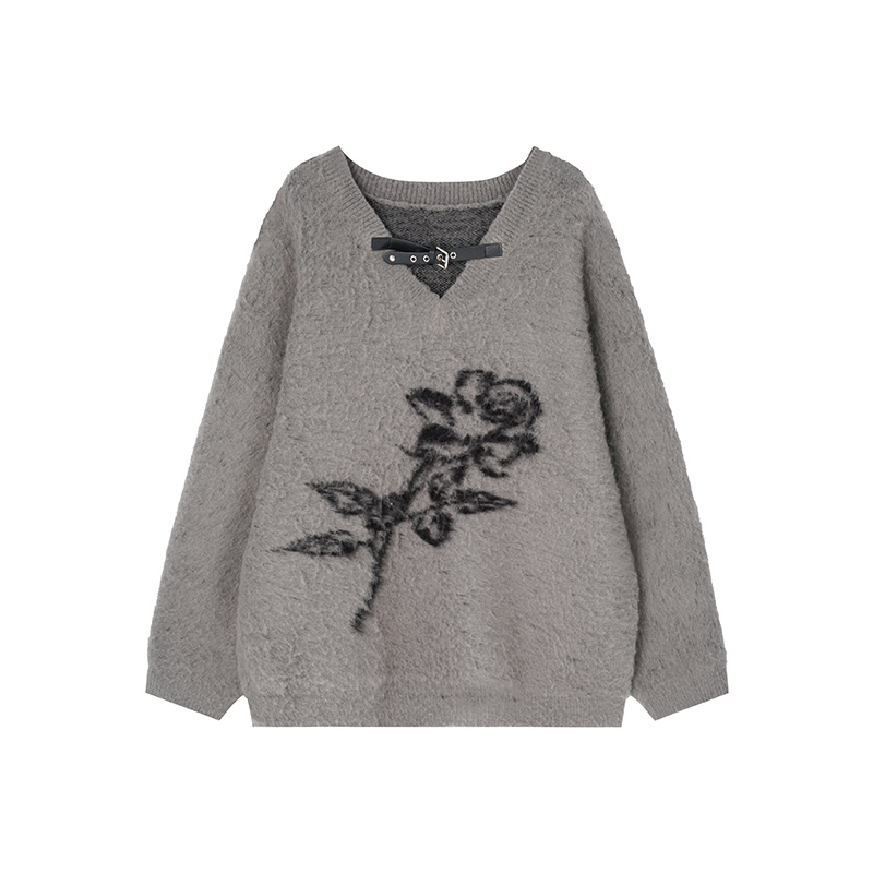 American Vintage Rose Jacquard V-Neck Sweater for Women – Soft Loose Knit Top for Autumn Winter, Cozy Y2K Style