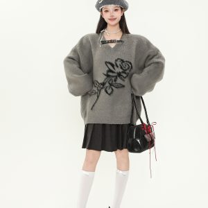 American Vintage Rose Jacquard V-Neck Sweater for Women – Soft Loose Knit Top for Autumn Winter, Cozy Y2K Style