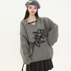 American Vintage Rose Jacquard V-Neck Sweater for Women – Soft Loose Knit Top for Autumn Winter, Cozy Y2K Style