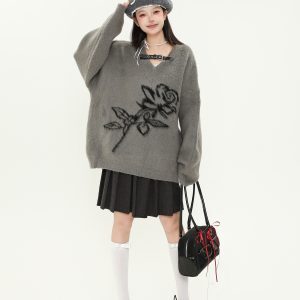 American Vintage Rose Jacquard V-Neck Sweater for Women – Soft Loose Knit Top for Autumn Winter, Cozy Y2K Style