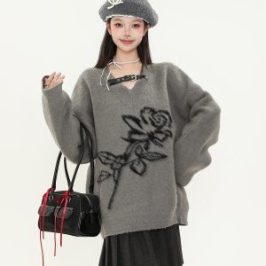 American Vintage Rose Jacquard V-Neck Sweater for Women – Soft Loose Knit Top for Autumn Winter, Cozy Y2K Style