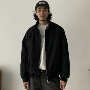 American Vintage Short Wide Fit Harrington Jacket for Men and Women - Casual Streetwear with Stand Collar in Cotton