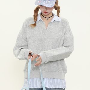 American Vintage Striped Splicing Long Sleeve Sweatshirt - Women's Oversized College Style Top